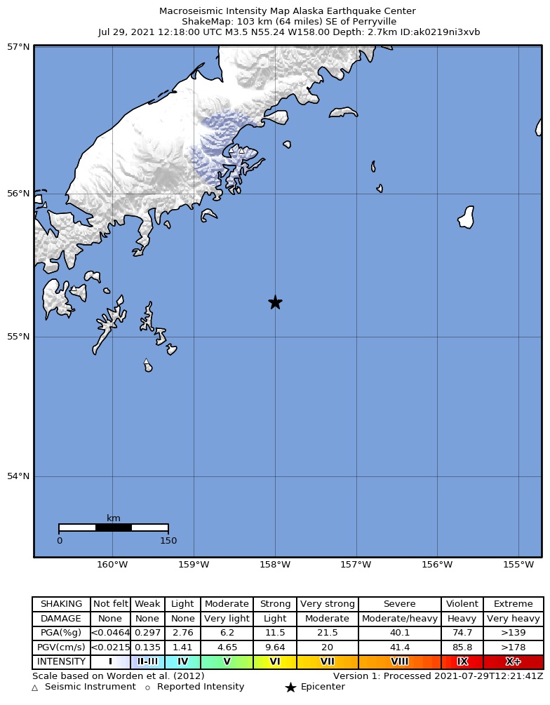 USGS ShakeMap: estimated shaking intensity around the epicenter