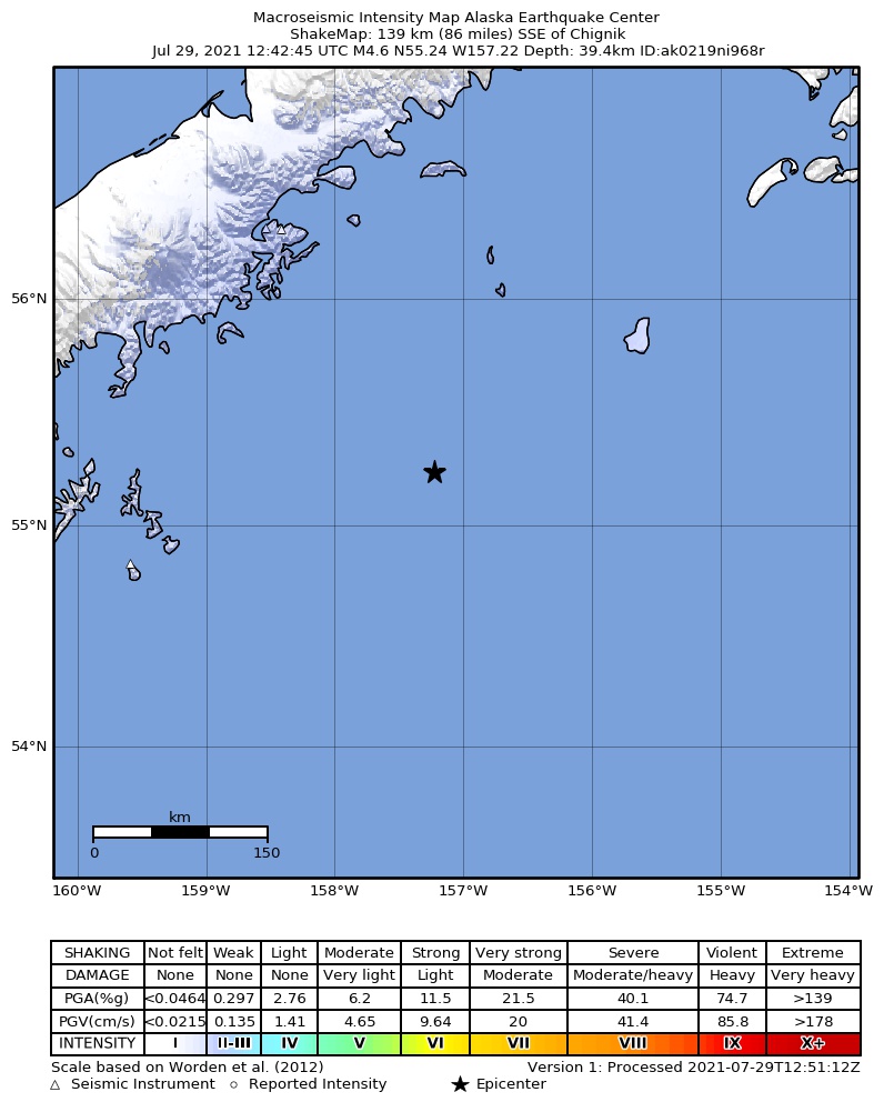 USGS ShakeMap: estimated shaking intensity around the epicenter
