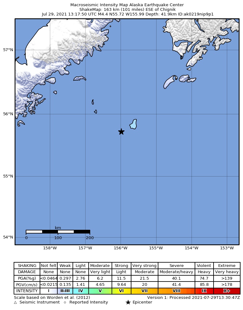 USGS ShakeMap: estimated shaking intensity around the epicenter