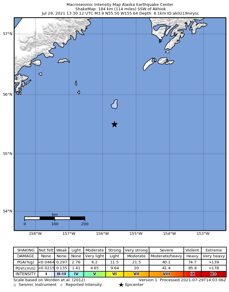 USGS ShakeMap: estimated shaking intensity around the epicenter