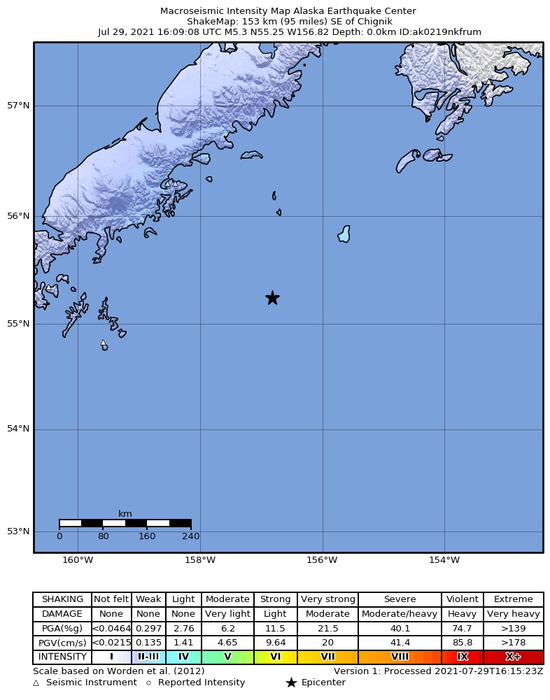 USGS ShakeMap intensity contours for the M5.3 earthquake near 155 km SE of Chignik, Alaska