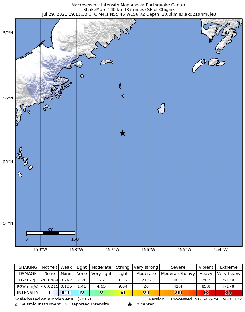USGS ShakeMap: estimated shaking intensity around the epicenter