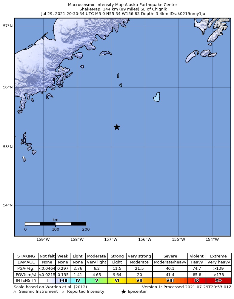USGS ShakeMap: estimated shaking intensity around the epicenter