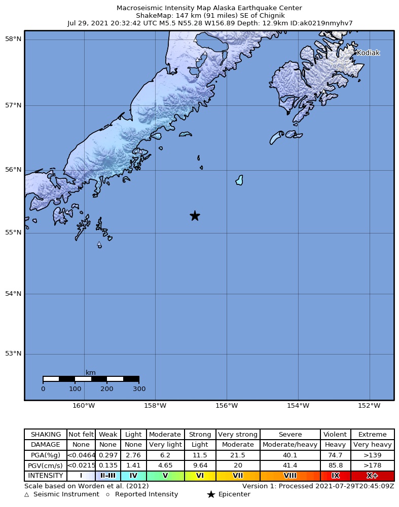 USGS ShakeMap intensity contours for the M5.4 earthquake near 158 km SE of Chignik, Alaska
