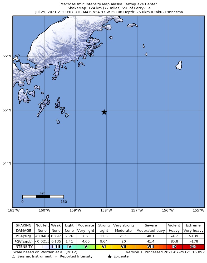 USGS ShakeMap intensity contours for the M4.7 earthquake near 128 km SSE of Perryville, Alaska