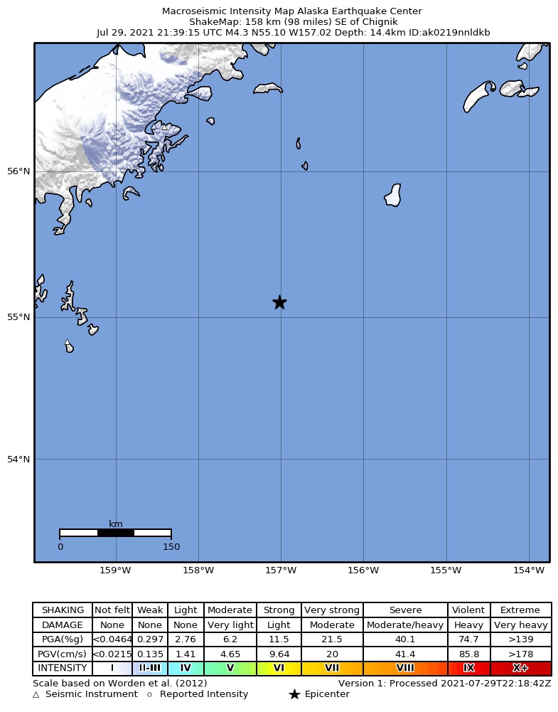 USGS ShakeMap: estimated shaking intensity around the epicenter