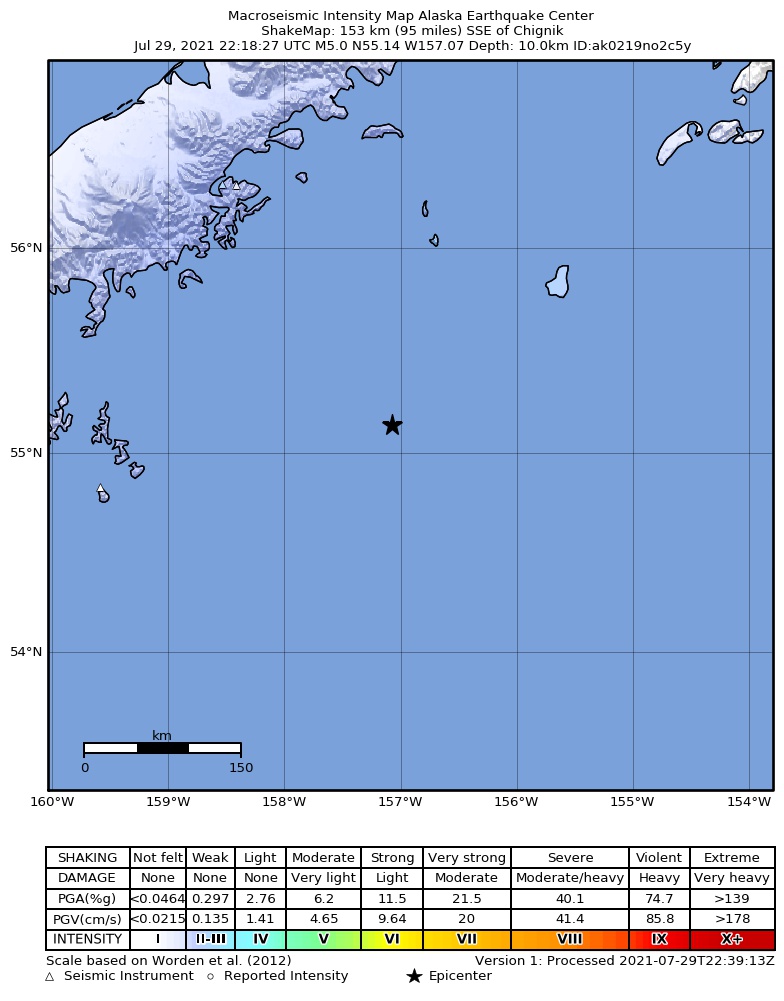 USGS ShakeMap intensity contours for the M4.8 earthquake near 150 km SSE of Chignik, Alaska