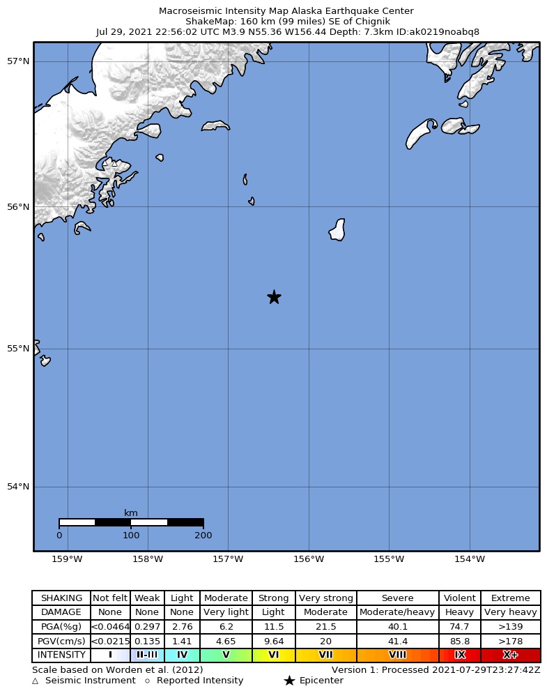 USGS ShakeMap intensity contours for the M3.9 earthquake near 153 km SE of Chignik, Alaska