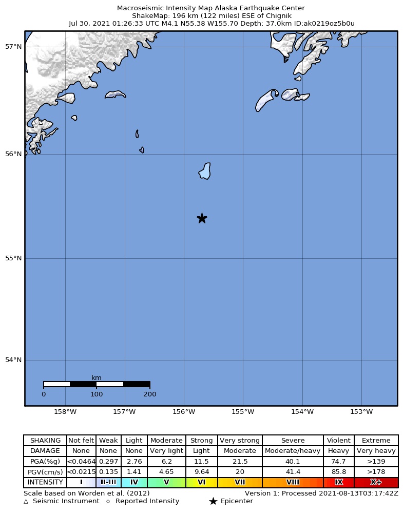 USGS ShakeMap: estimated shaking intensity around the epicenter
