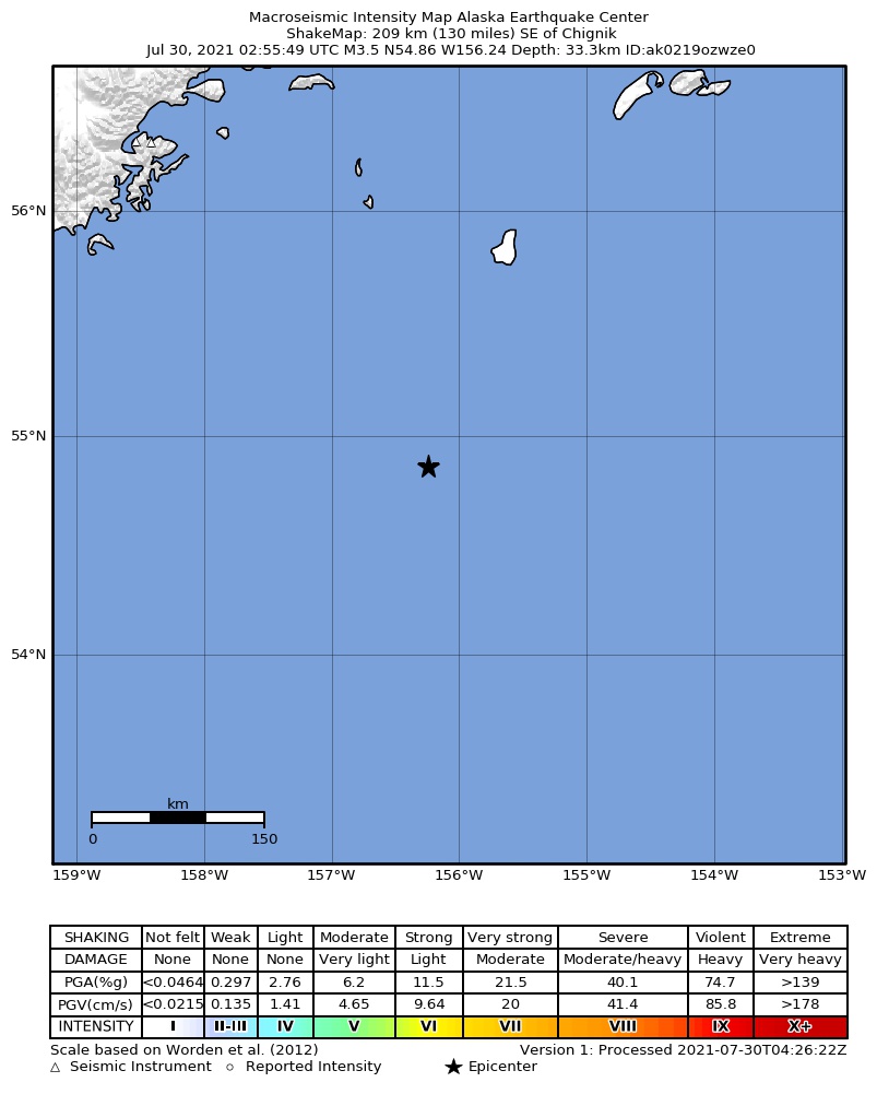 USGS ShakeMap: estimated shaking intensity around the epicenter