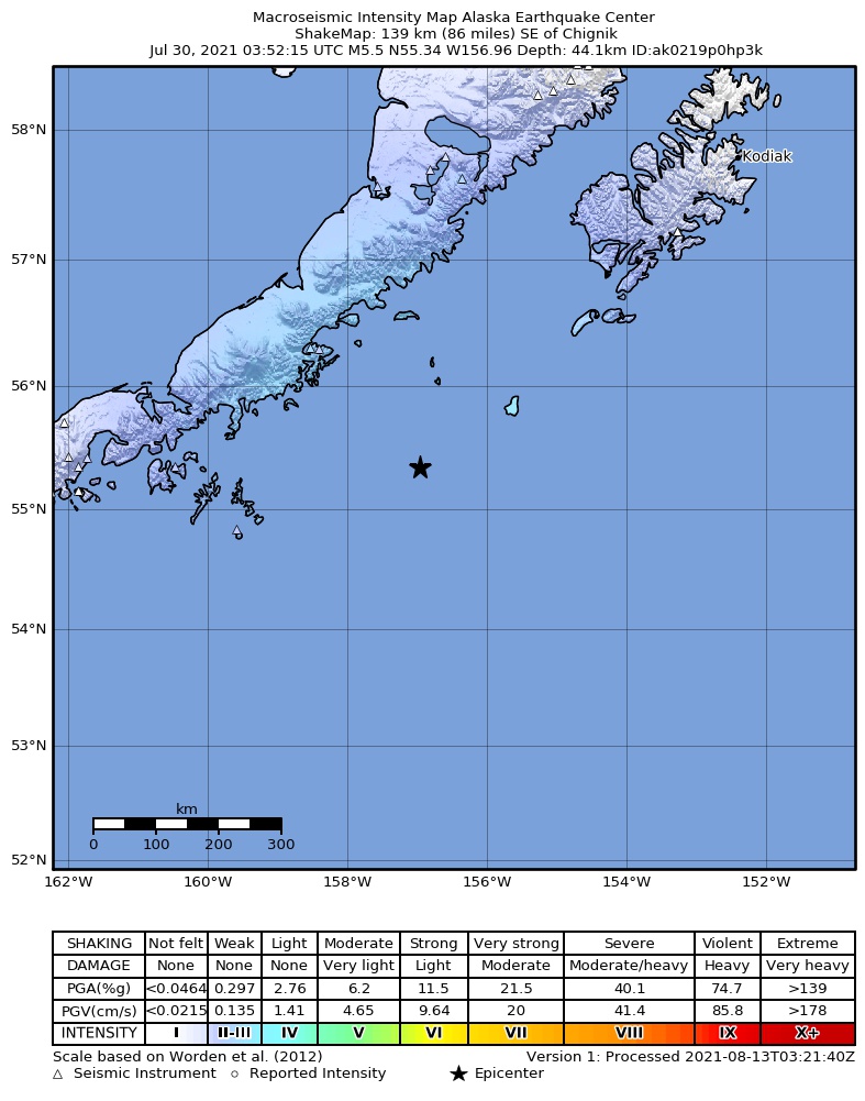 USGS ShakeMap intensity contours for the M5.5 earthquake near 140 km SE of Chignik, Alaska