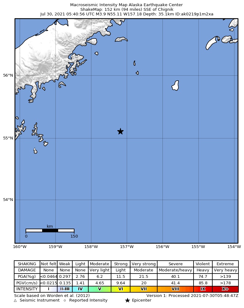 USGS ShakeMap: estimated shaking intensity around the epicenter