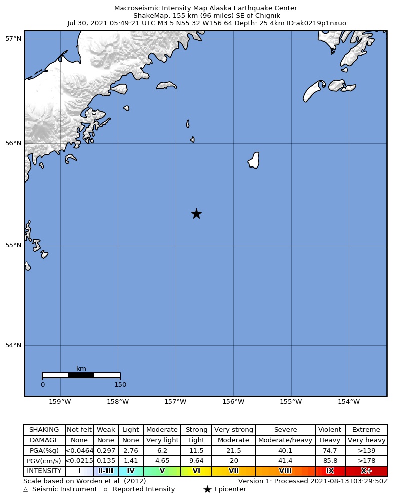 USGS ShakeMap: estimated shaking intensity around the epicenter