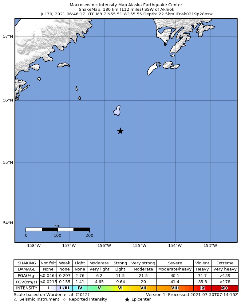 USGS ShakeMap: estimated shaking intensity around the epicenter