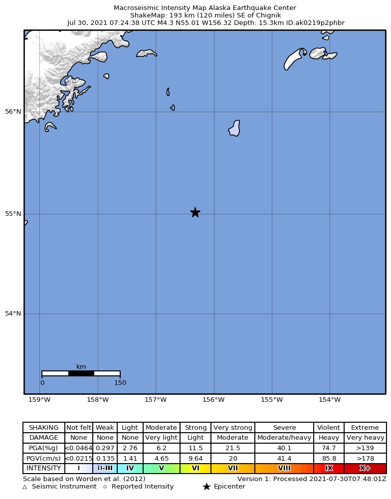 USGS ShakeMap: estimated shaking intensity around the epicenter