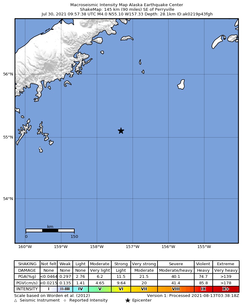 USGS ShakeMap: estimated shaking intensity around the epicenter