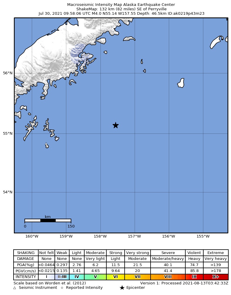 USGS ShakeMap: estimated shaking intensity around the epicenter