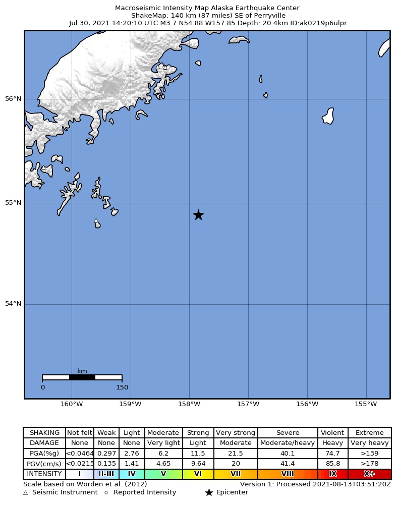 USGS ShakeMap: estimated shaking intensity around the epicenter