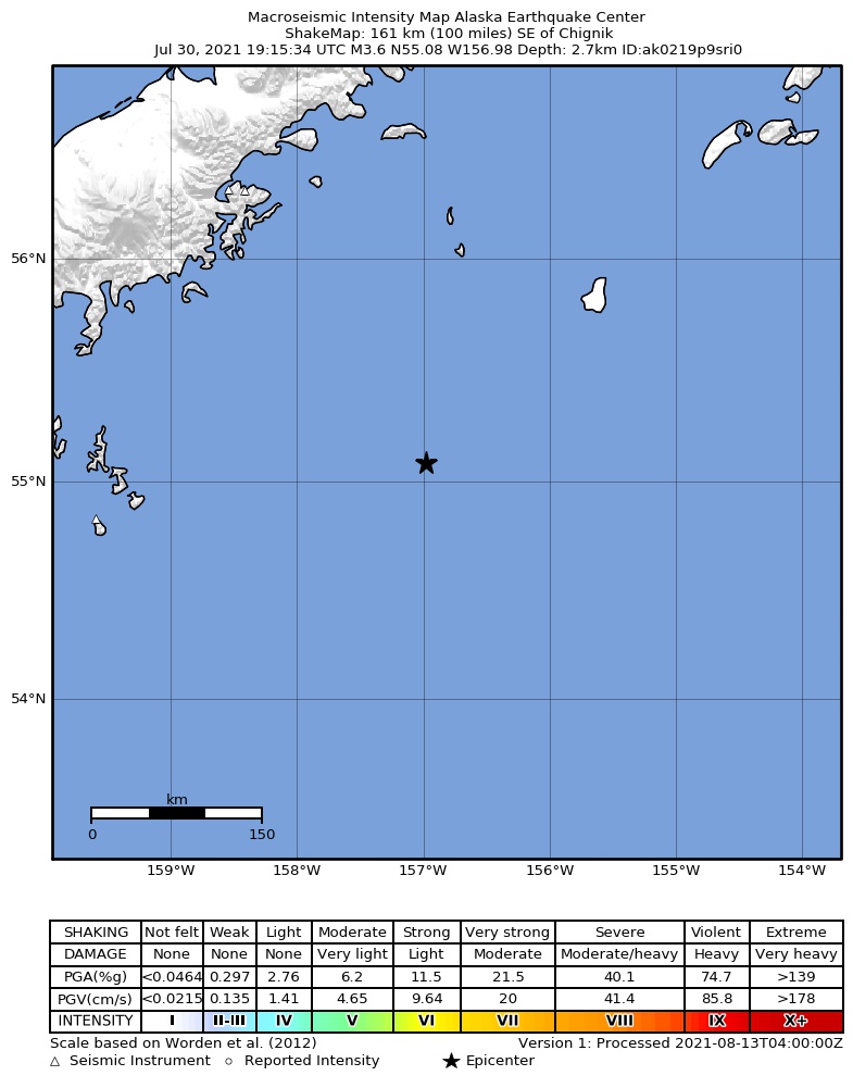USGS ShakeMap: estimated shaking intensity around the epicenter