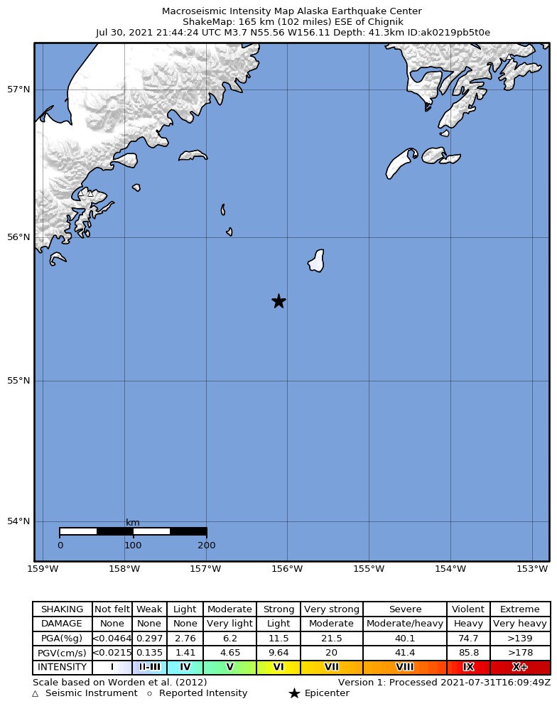 USGS ShakeMap intensity contours for the M3.8 earthquake near 168 km ESE of Chignik, Alaska