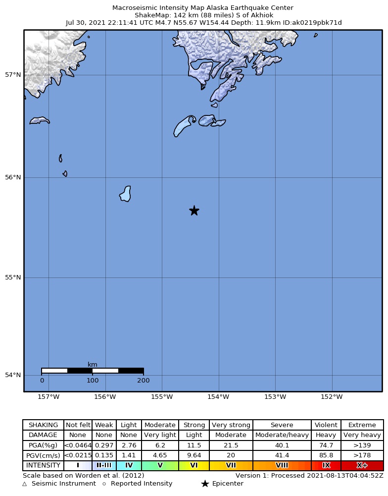USGS ShakeMap intensity contours for the M4.7 earthquake near 142 km S of Akhiok, Alaska