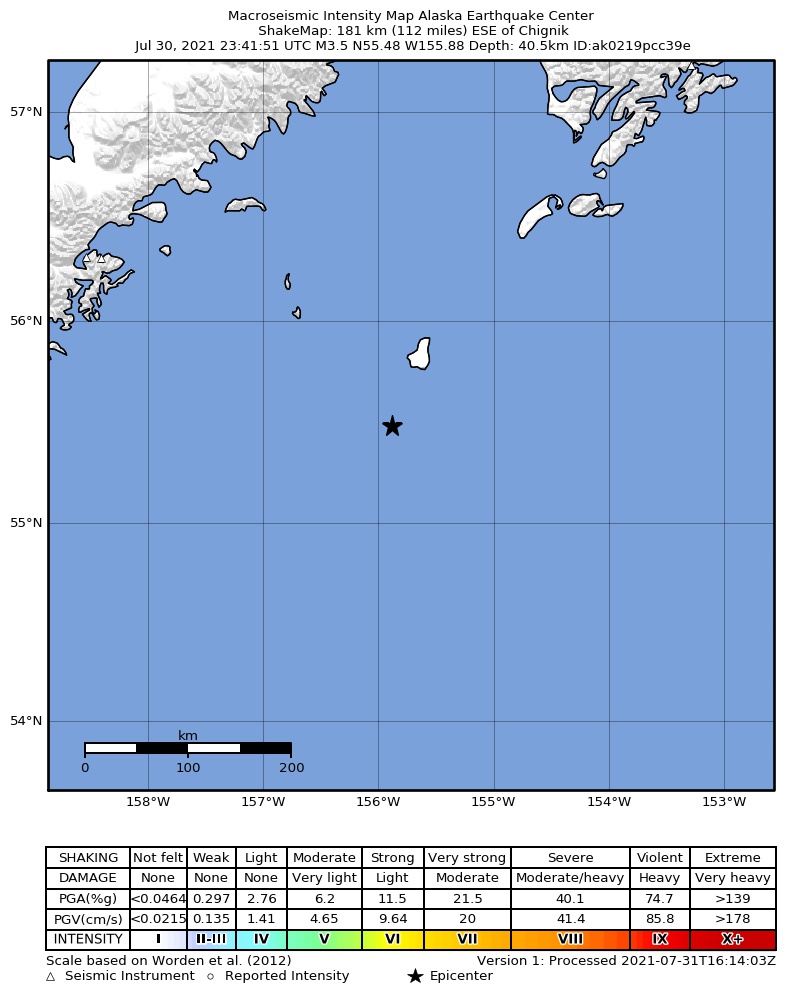 USGS ShakeMap: estimated shaking intensity around the epicenter