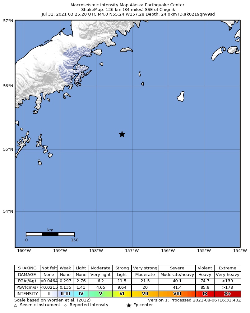 USGS ShakeMap: estimated shaking intensity around the epicenter