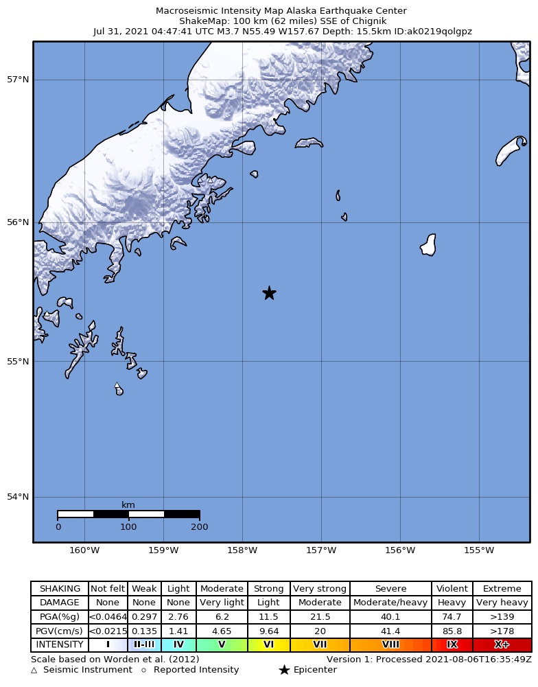 USGS ShakeMap: estimated shaking intensity around the epicenter