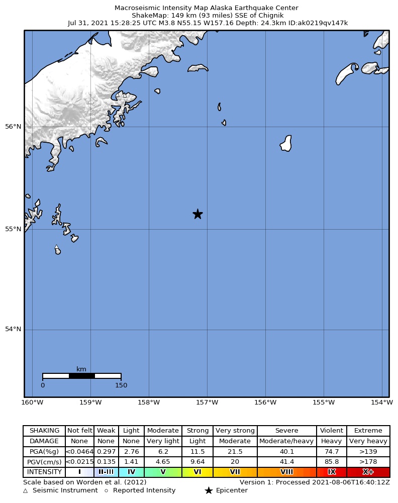 USGS ShakeMap: estimated shaking intensity around the epicenter