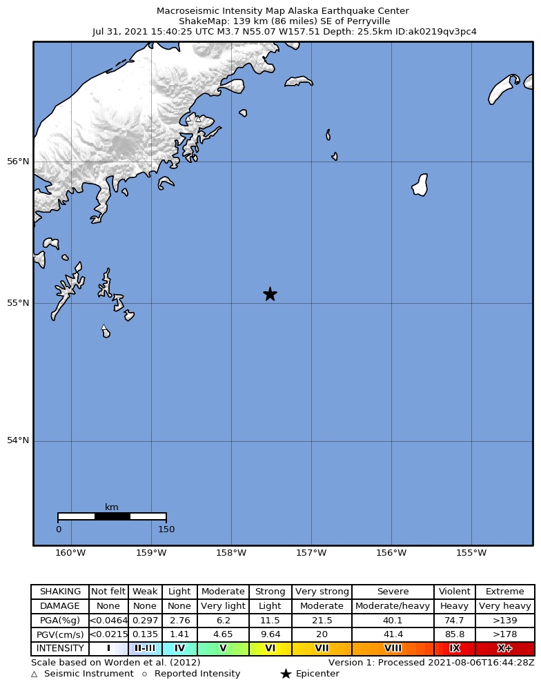 USGS ShakeMap: estimated shaking intensity around the epicenter