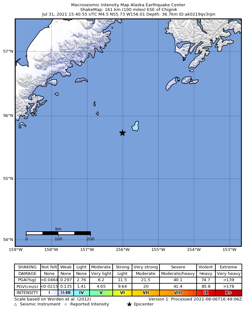 USGS ShakeMap: estimated shaking intensity around the epicenter
