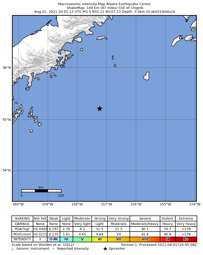 USGS ShakeMap: estimated shaking intensity around the epicenter