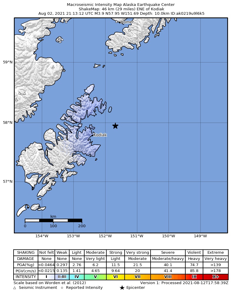 USGS ShakeMap intensity contours for the M3.9 earthquake near 47 km ENE of Kodiak, Alaska