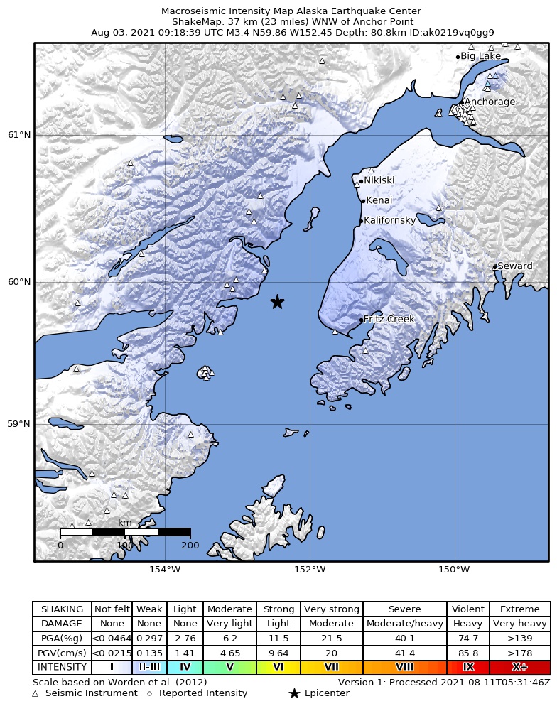 USGS ShakeMap: estimated shaking intensity around the epicenter