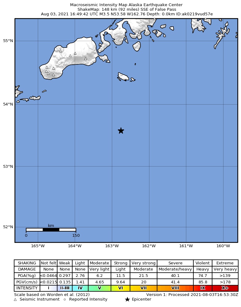 USGS ShakeMap: estimated shaking intensity around the epicenter