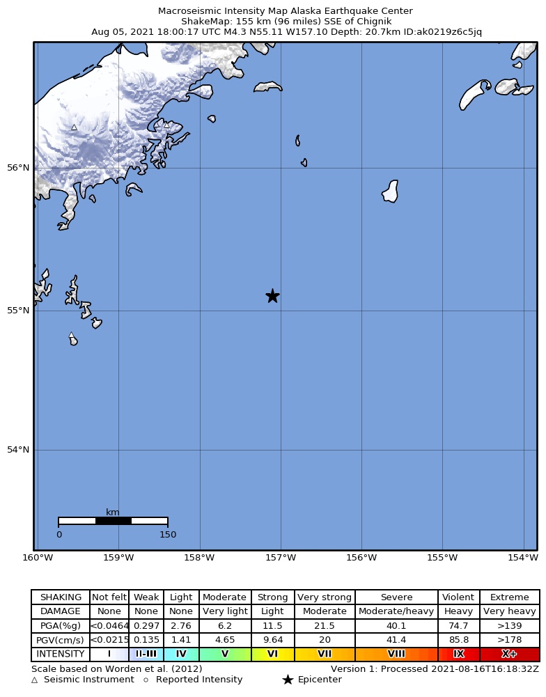 USGS ShakeMap: estimated shaking intensity around the epicenter