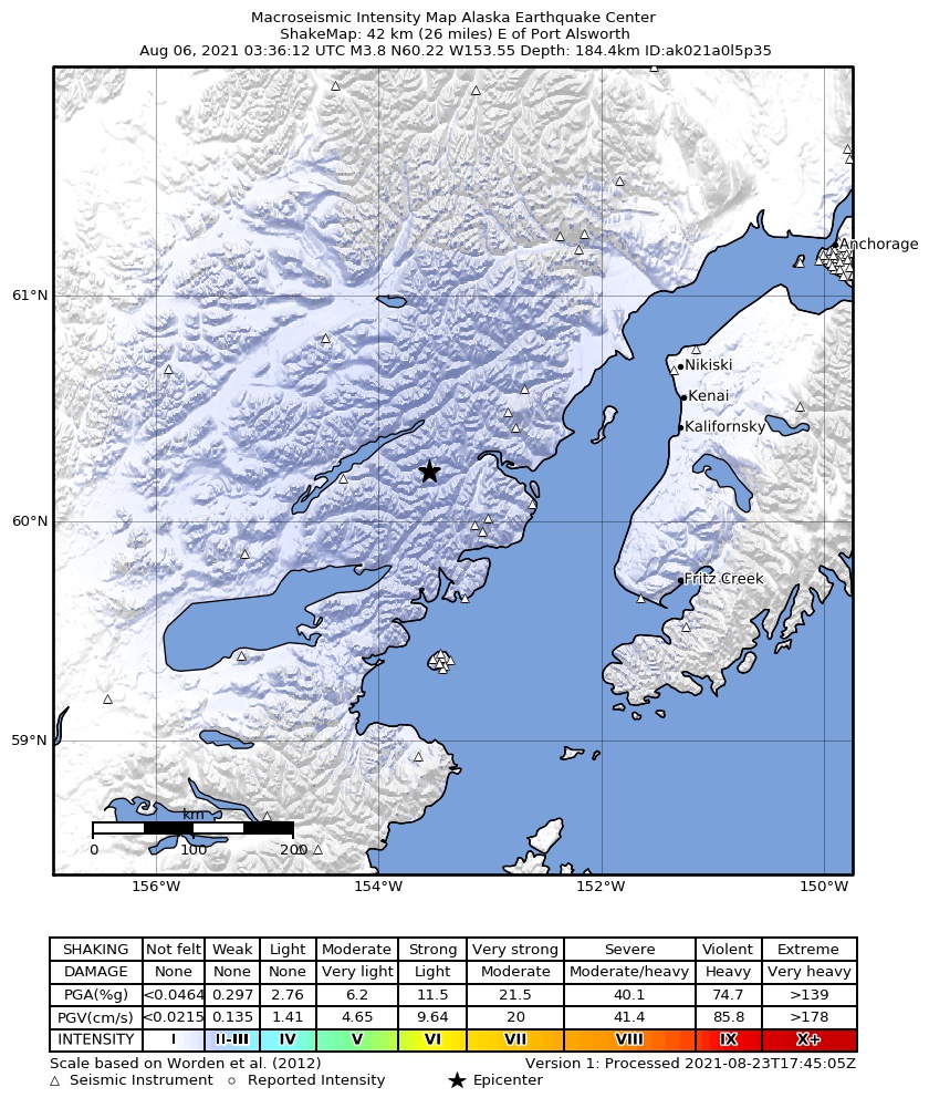 USGS ShakeMap: estimated shaking intensity around the epicenter