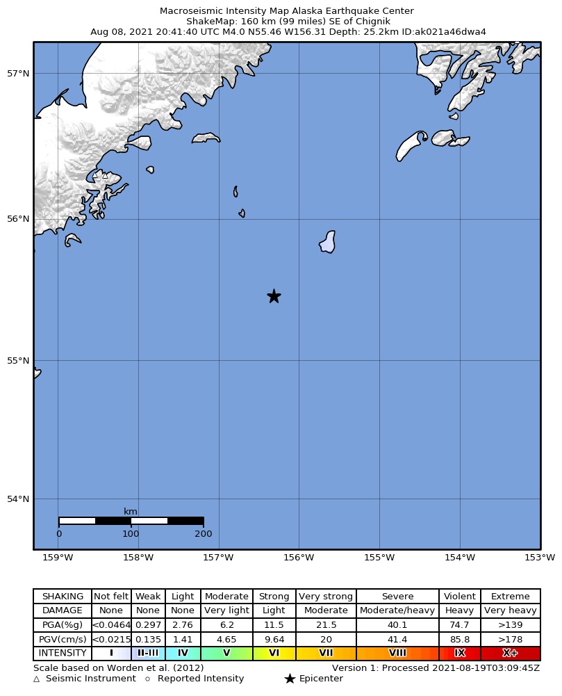 USGS ShakeMap: estimated shaking intensity around the epicenter