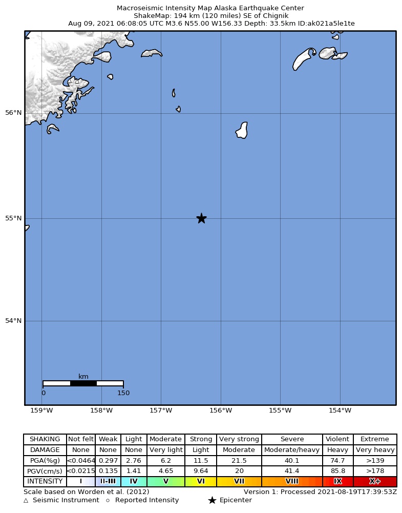 USGS ShakeMap: estimated shaking intensity around the epicenter