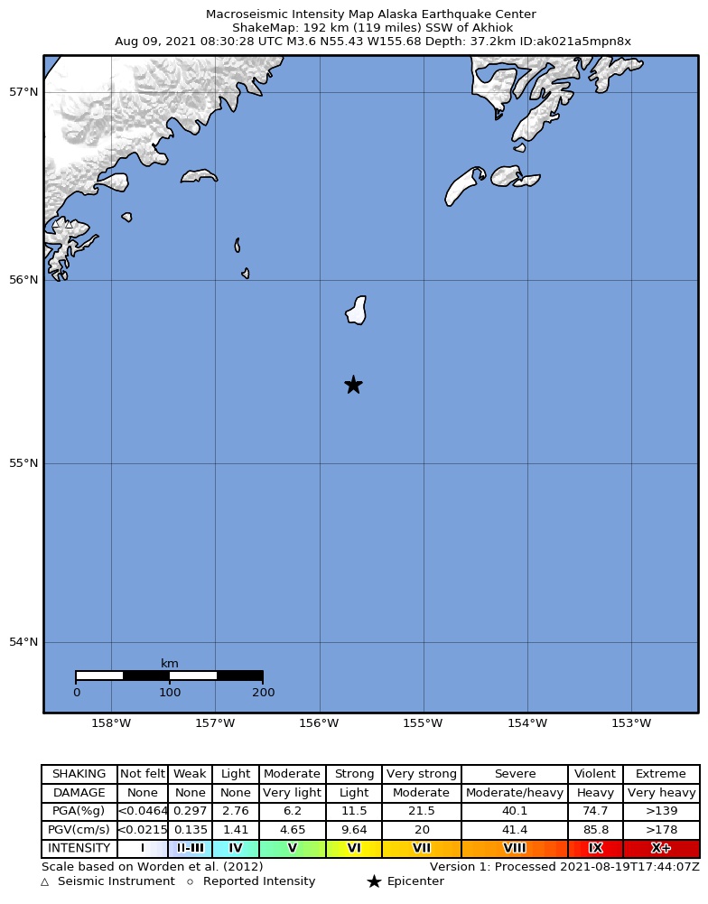USGS ShakeMap: estimated shaking intensity around the epicenter
