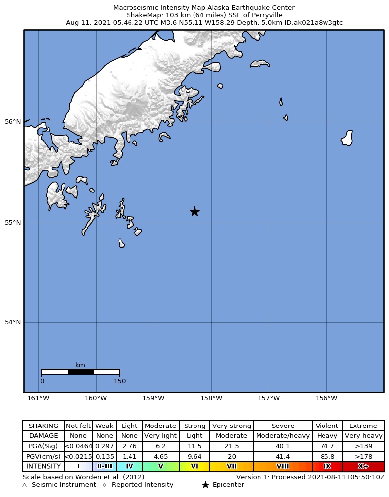 USGS ShakeMap: estimated shaking intensity around the epicenter