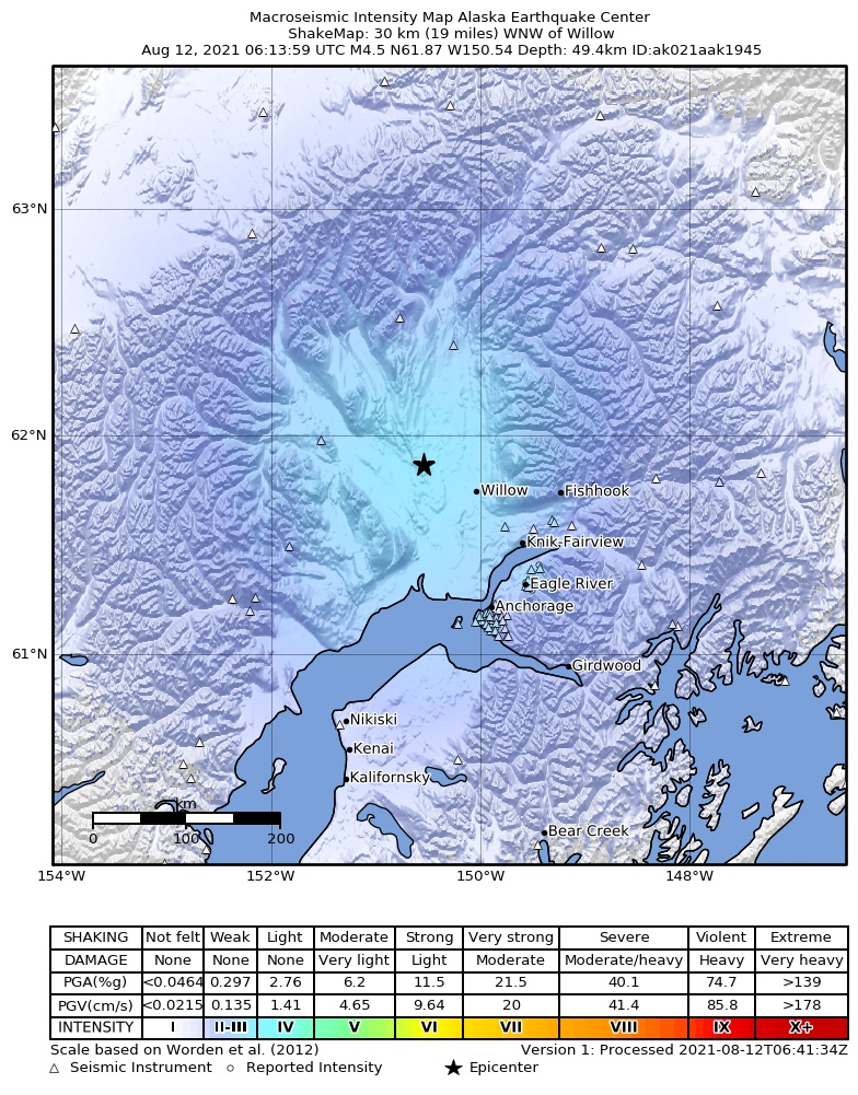 USGS ShakeMap: estimated shaking intensity around the epicenter