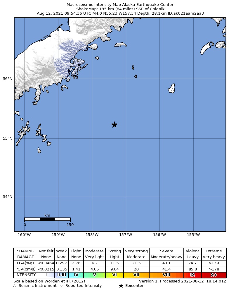 USGS ShakeMap: estimated shaking intensity around the epicenter