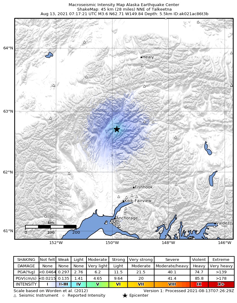 USGS ShakeMap: estimated shaking intensity around the epicenter