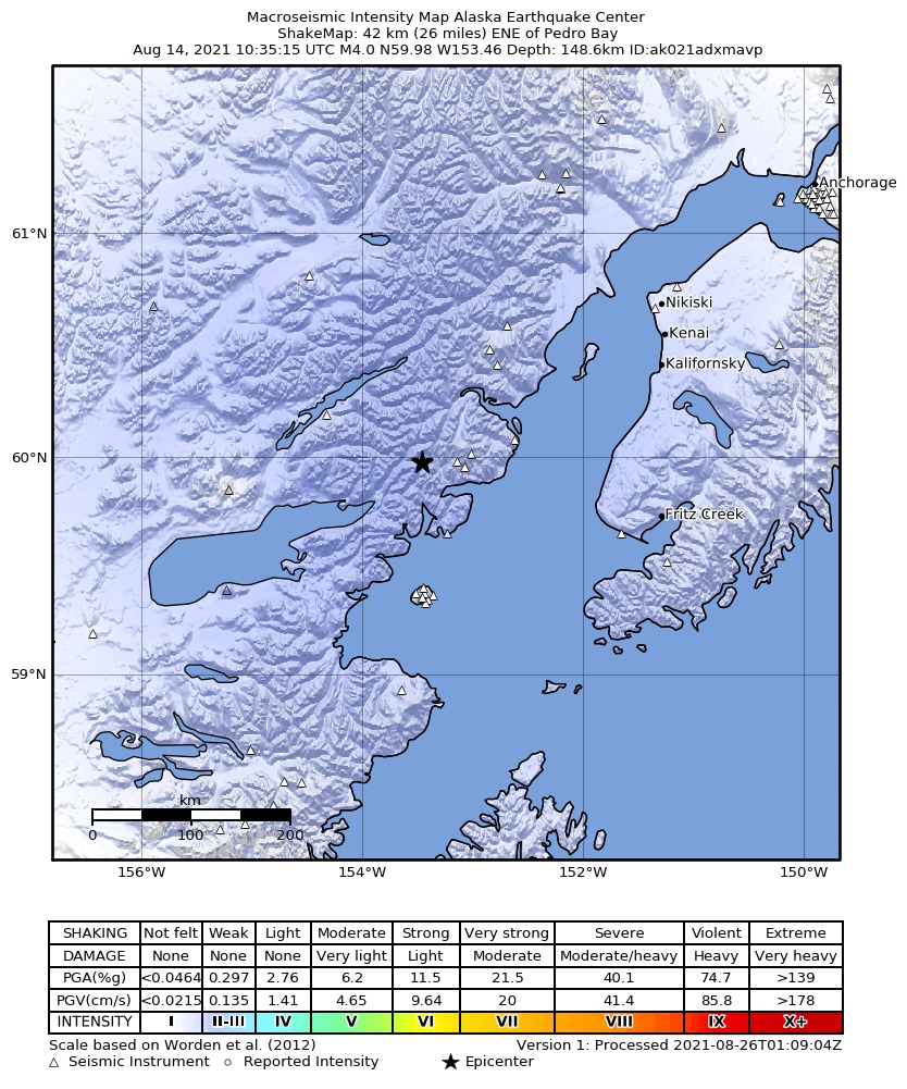 USGS ShakeMap: estimated shaking intensity around the epicenter