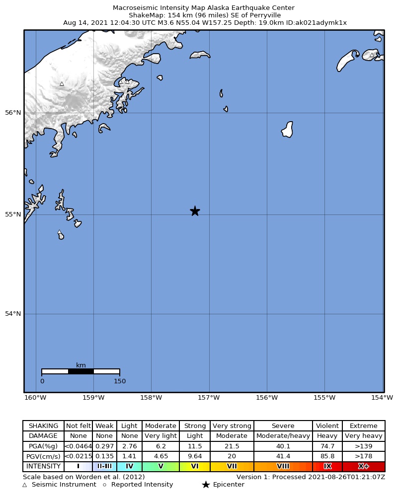 USGS ShakeMap: estimated shaking intensity around the epicenter