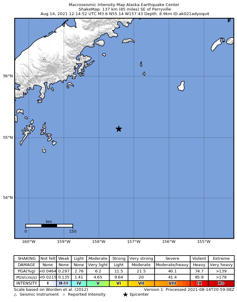USGS ShakeMap: estimated shaking intensity around the epicenter