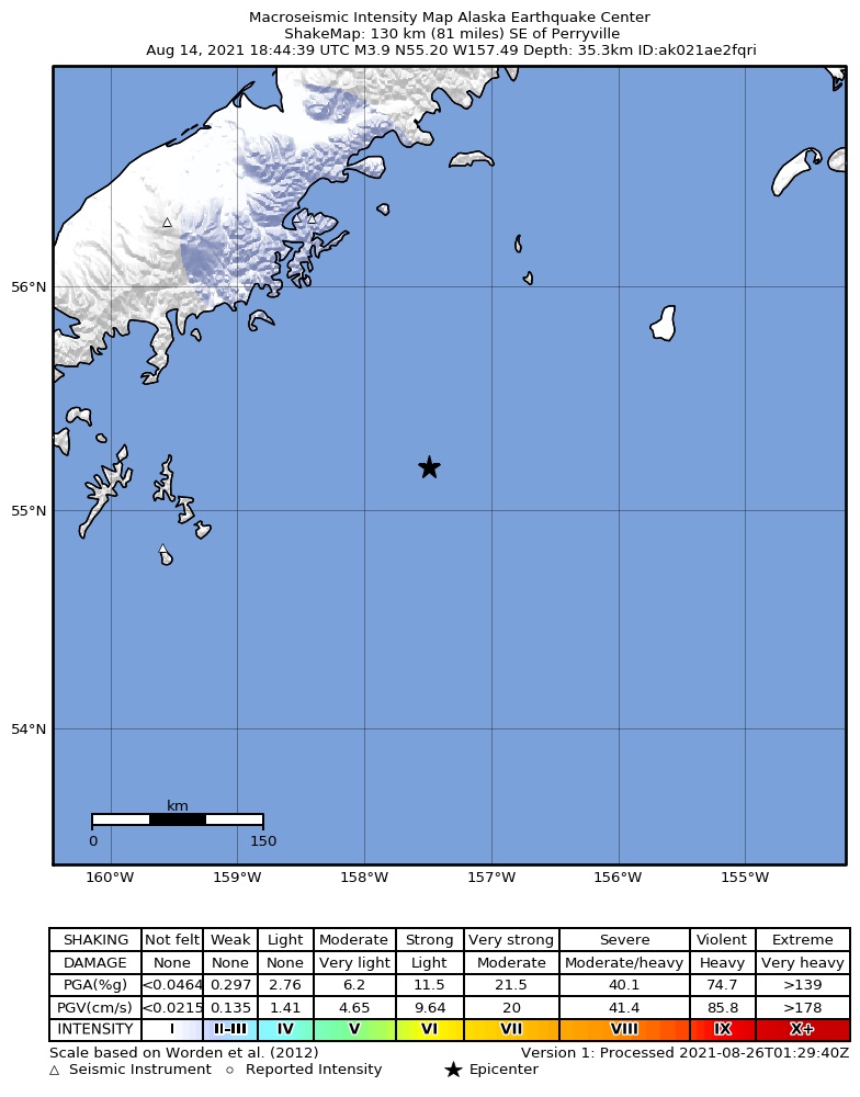 USGS ShakeMap: estimated shaking intensity around the epicenter