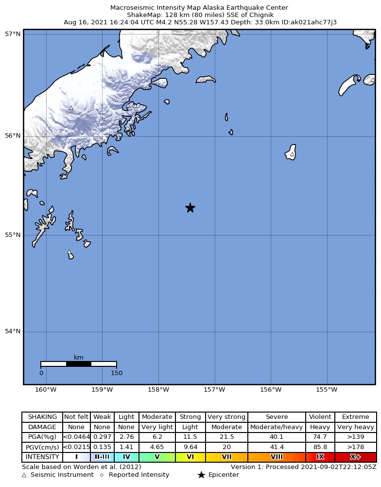 USGS ShakeMap: estimated shaking intensity around the epicenter