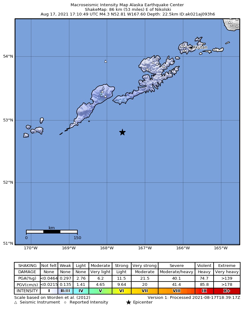 USGS ShakeMap: estimated shaking intensity around the epicenter